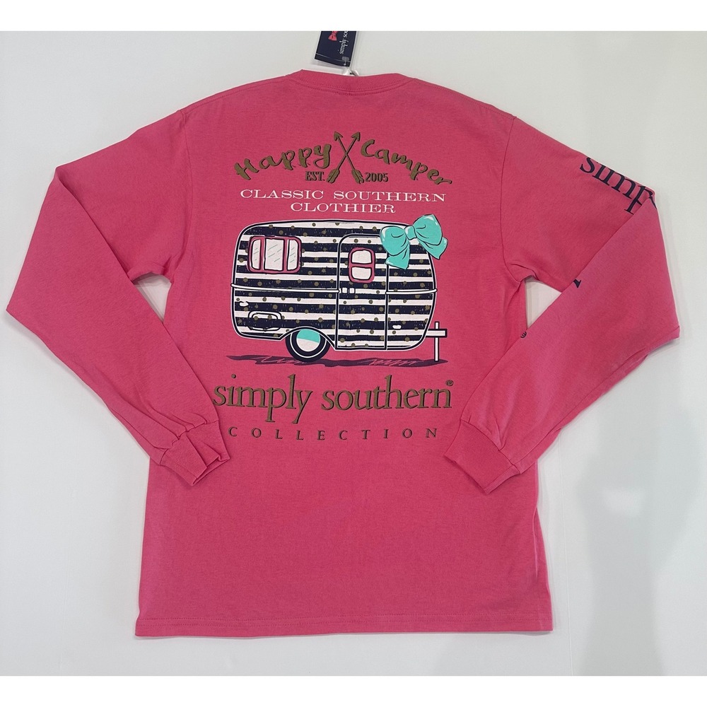 Simply Southern Happy Camper Pink Long Sleeve Graphic T-Shirt Medium NWT